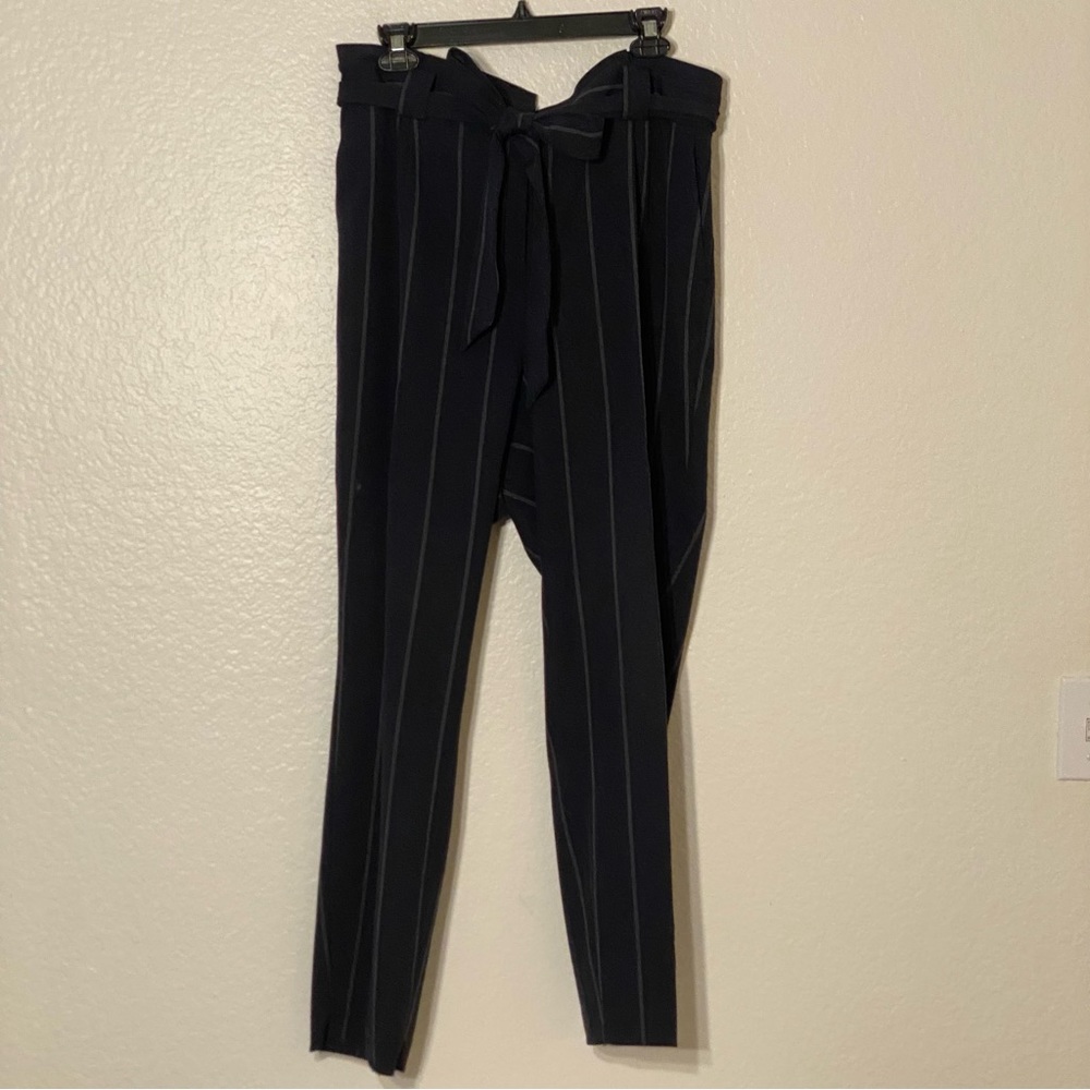 Express Navy Stripe Paper Bag Style Tie Waist Pant with Pockets - Picture 5 of 11